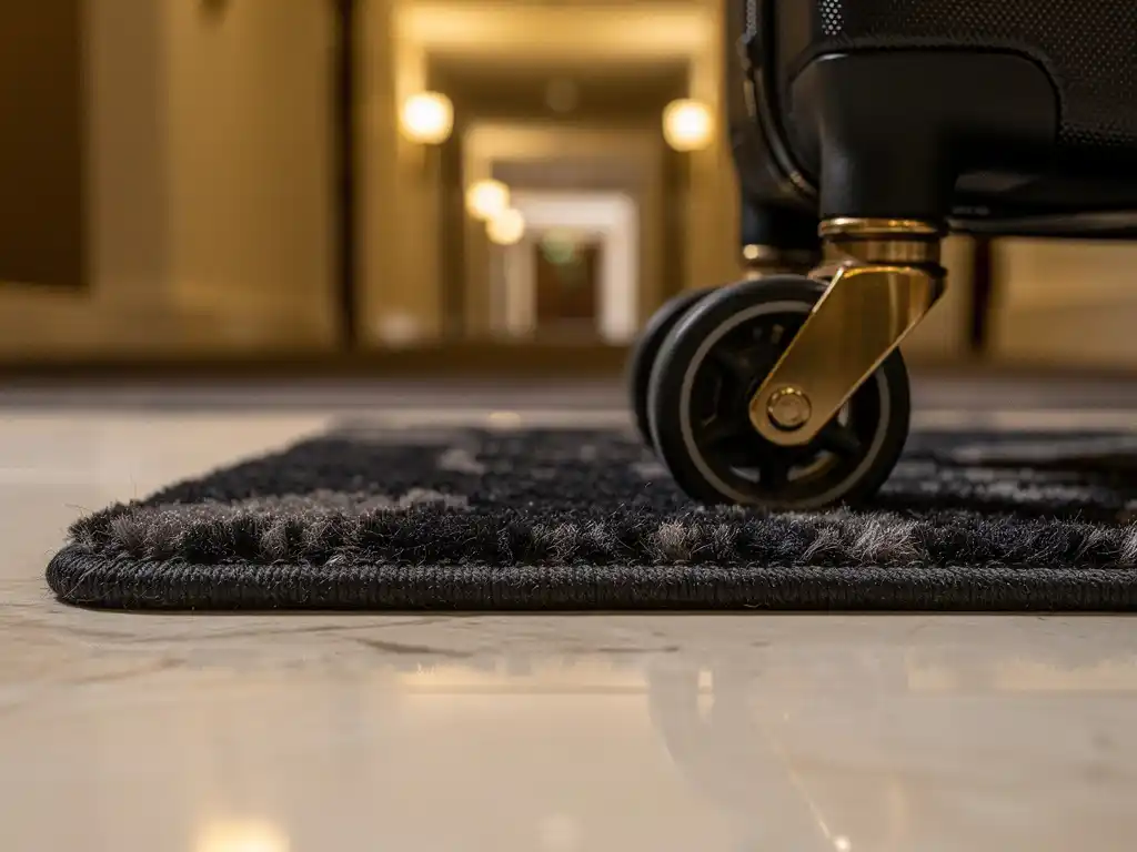Luxe tapijttegel met rijke textuur in hotelgang, met messingkleurige wandlampen en een bagagekarwiel op de achtergrond.