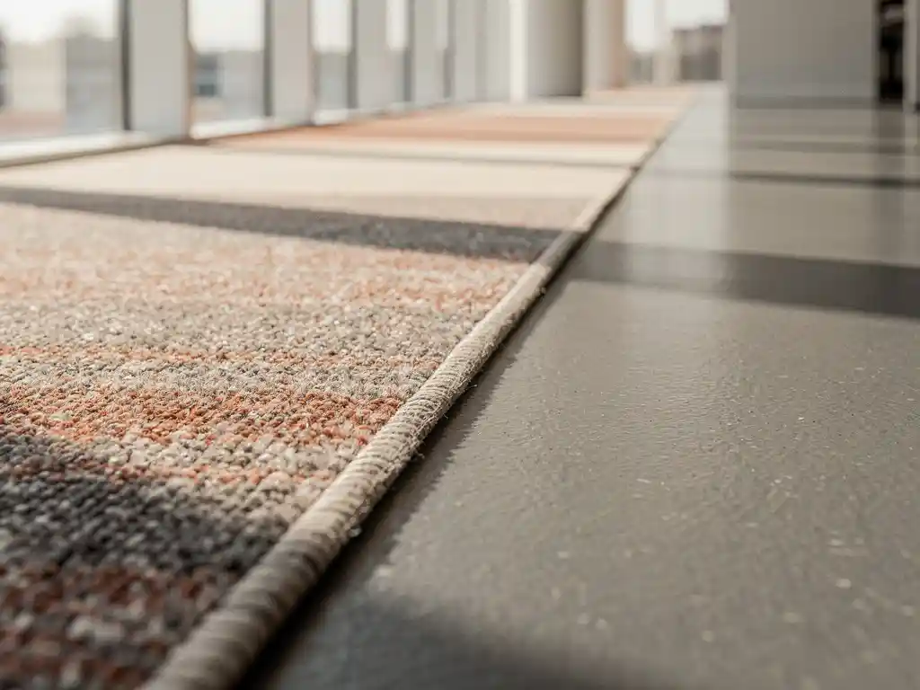 Naadloze overgang tussen pluche tapijttegel en linoleum vloer in moderne kantoorgang met warme crème en leisteengrijze tinten.