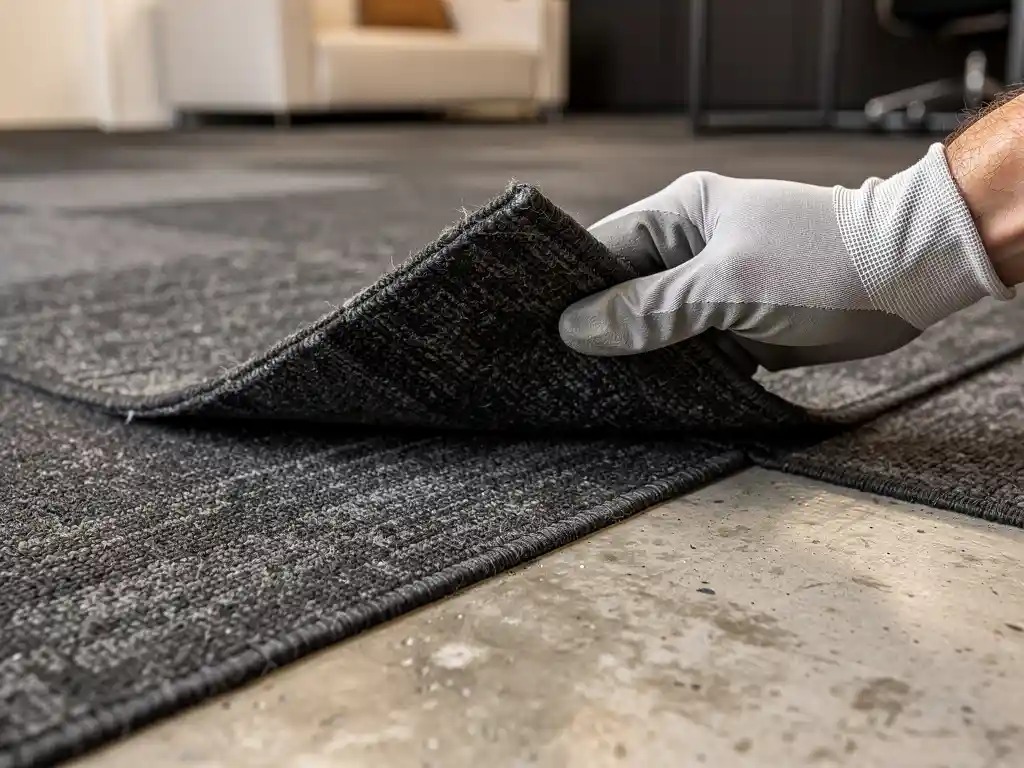 Handschoen tilt hoek van antraciet tapijttegel op, betonnen ondervloer zichtbaar in modern Nederlands kantoorinterieur.