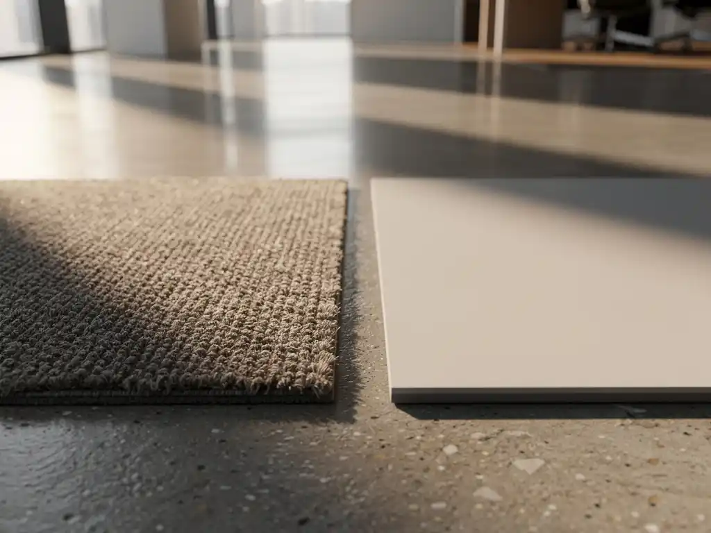 Tapijttegel met zachte textieltextuur naast gladde PVC-vloertegel op betonvloer in Nederlands kantoorinterieur.