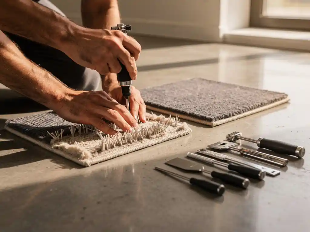 Vakkundige handen die een beschadigde tapijttegel retuften op betonvloer, met vervangingstegel en professioneel gereedschap nabij.