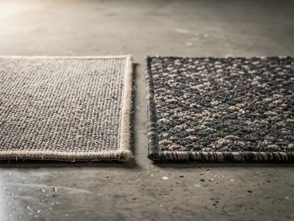 Twee tapijttegels op betonvloer: één omgekeerd met dicht rugmateriaal zichtbaar, één met textuurrijke vezeloppervlakte in zand- en antracietkleur.