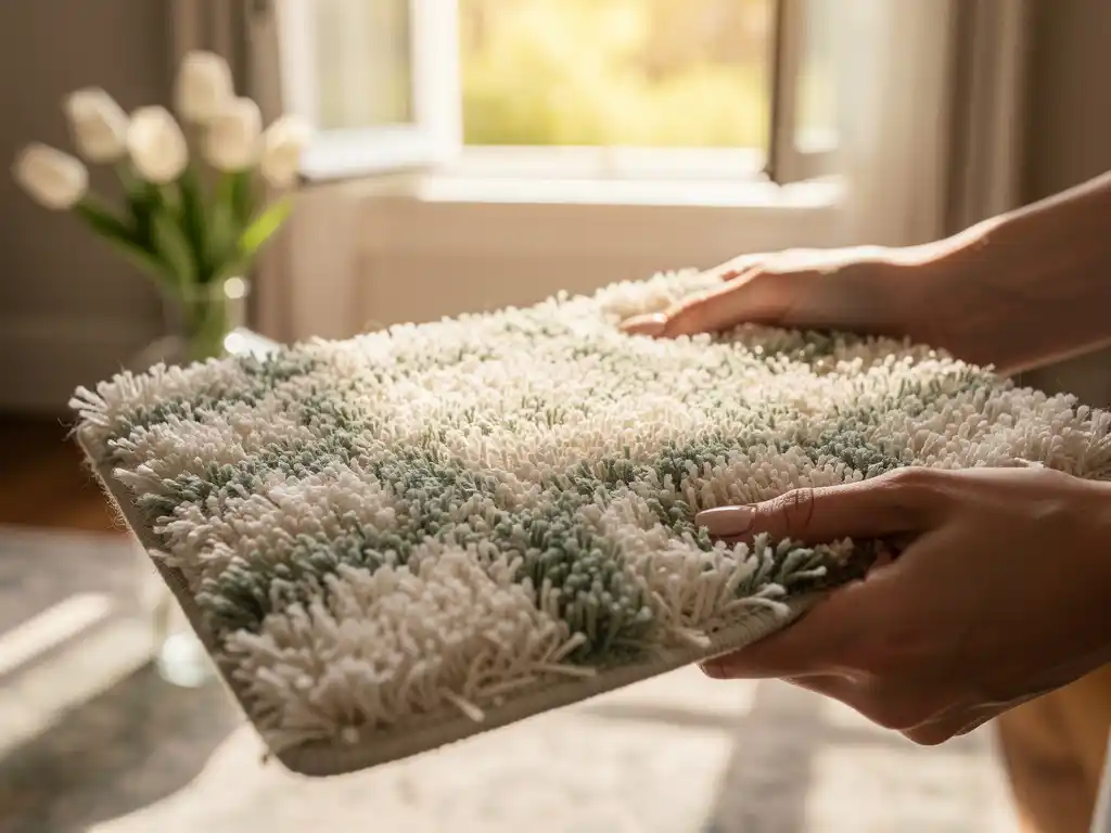Handen houden een zacht tapijttegel vast in crème- en saliegroen tinten, met witte tulpen en een raam op de achtergrond.