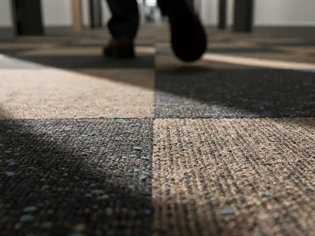 Commerciële gangvloer met tapijttegels in taupe en antraciet tinten, voeten in beweging tonen subtiele slijtagepatronen.
