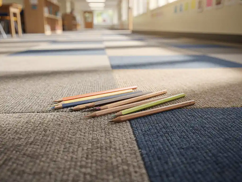 Gekleurde potloden op tapijttegels in schoolgang, zachte tinten taupe, grijs en cobaltblauw, warm natuurlijk licht.