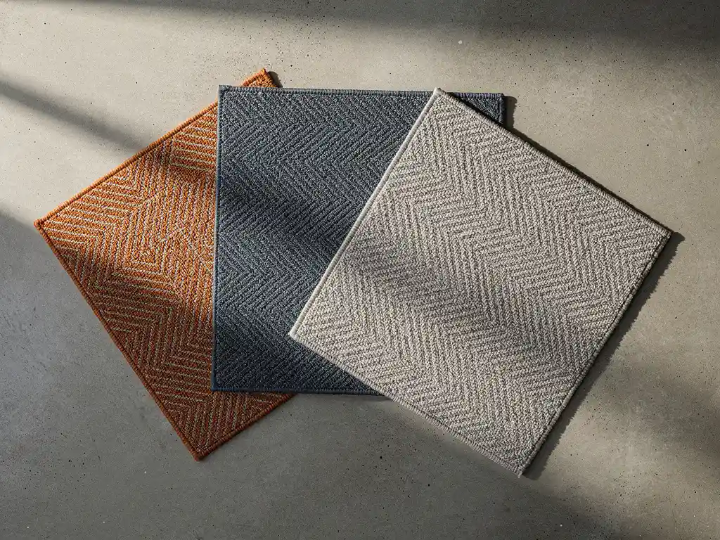 Vijf tapijttegels in terracotta, leisteenblauw en warmgrijs waaierachtig uitgespreid op betonvloer, met gevarieerde texturen zoals visgraat en lus.