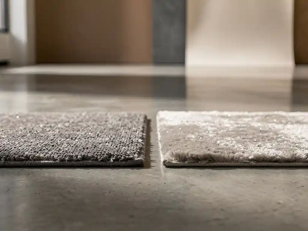 Twee tapijttegels naast elkaar op betonvloer, met contrasterende texturen in taupe en leisteengrijs, gefotografeerd in interieurstudio.