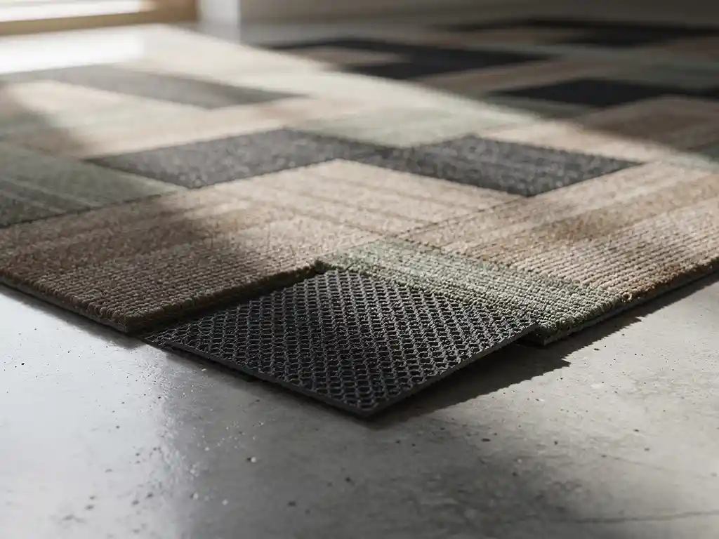Modulaire tapijttegels in visgraatpatroon op betonvloer, met omgekruld hoekje dat de achterzijde toont, in taupe, antraciet en salie.