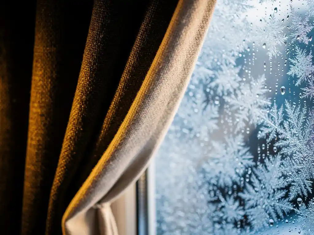 Dikke thermische gordijn half voor bevroren raam, warme amberkleurige binnenverlichting contrasteert met koud winterdaglicht, condensdruppels op het glas.