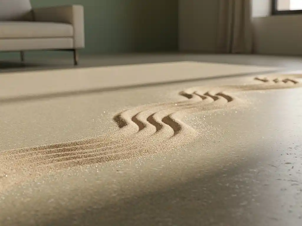 Akoestische geluidsgolf zichtbaar als zandpatroon op mat linoleumvloer in modern interieur met zacht natuurlijk licht.