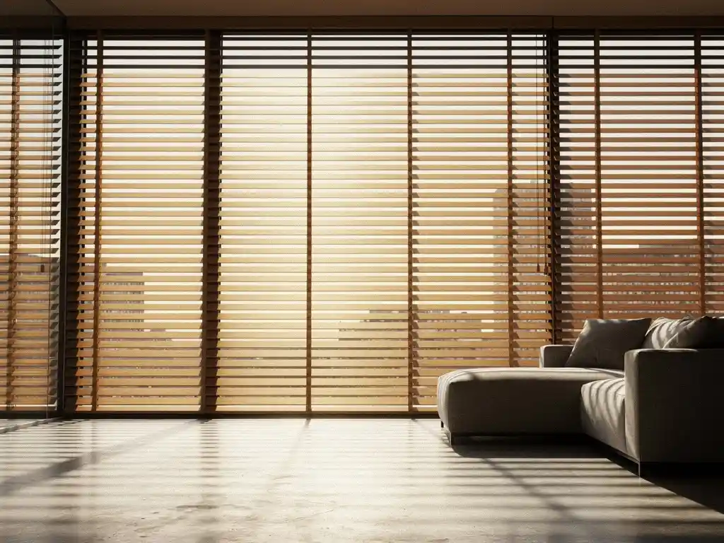 Vloer-tot-plafond raam met houten jaloezieen die warm middagzonlicht filteren tot gouden strepen op betonnen vloer, minimalistisch interieur.