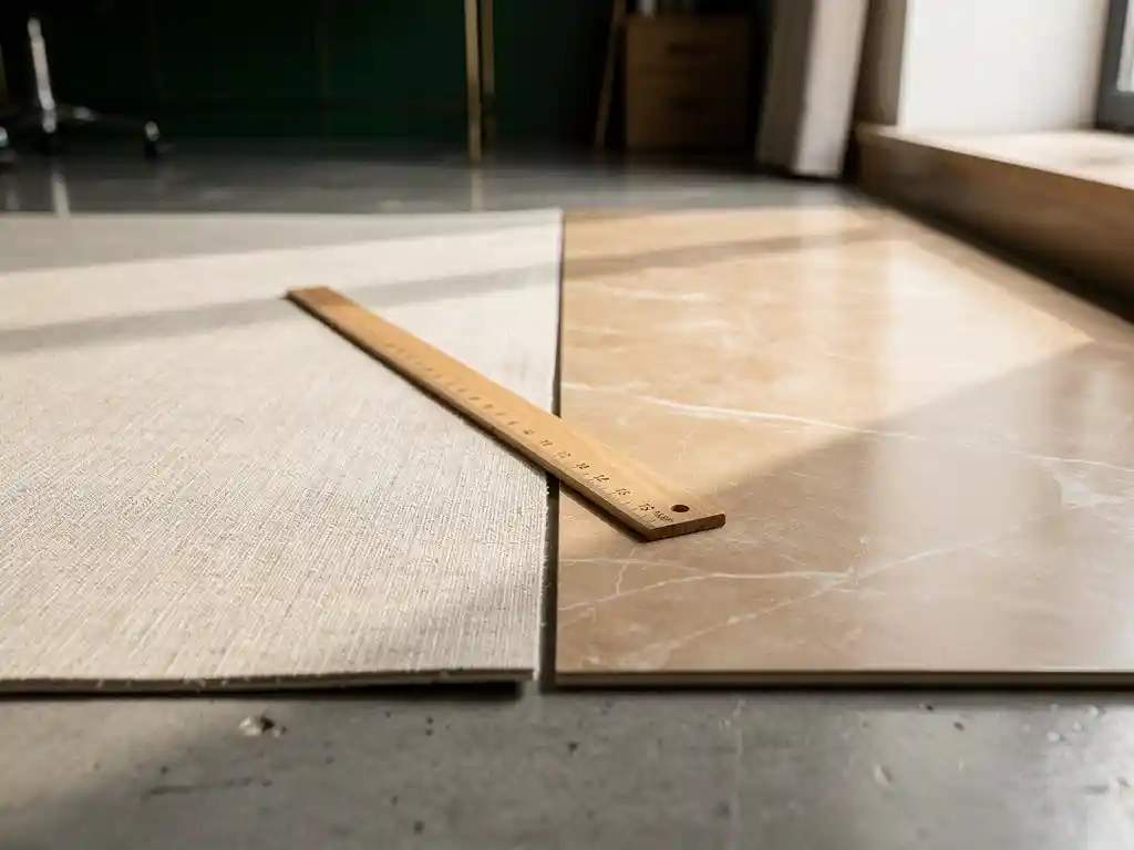Twee vloermateriaalstalen met linnen- en marmertextuur op betonvloer, met houten meetlat, in warm zandkleurig en bosgroen interieur.