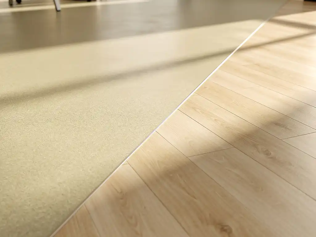 Diagonale vloerovergang tussen warm naturel linoleum en licht eiken parket in een moderne werkruimte met gouden zonlicht.