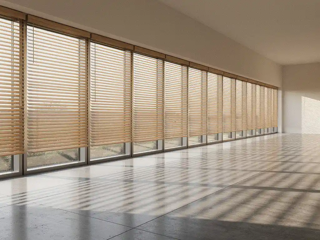 Horizontale jaloezieën filteren middagzonlicht in modern commercieel interieur met betonnen vloer en scherpe schaduwpatronen.