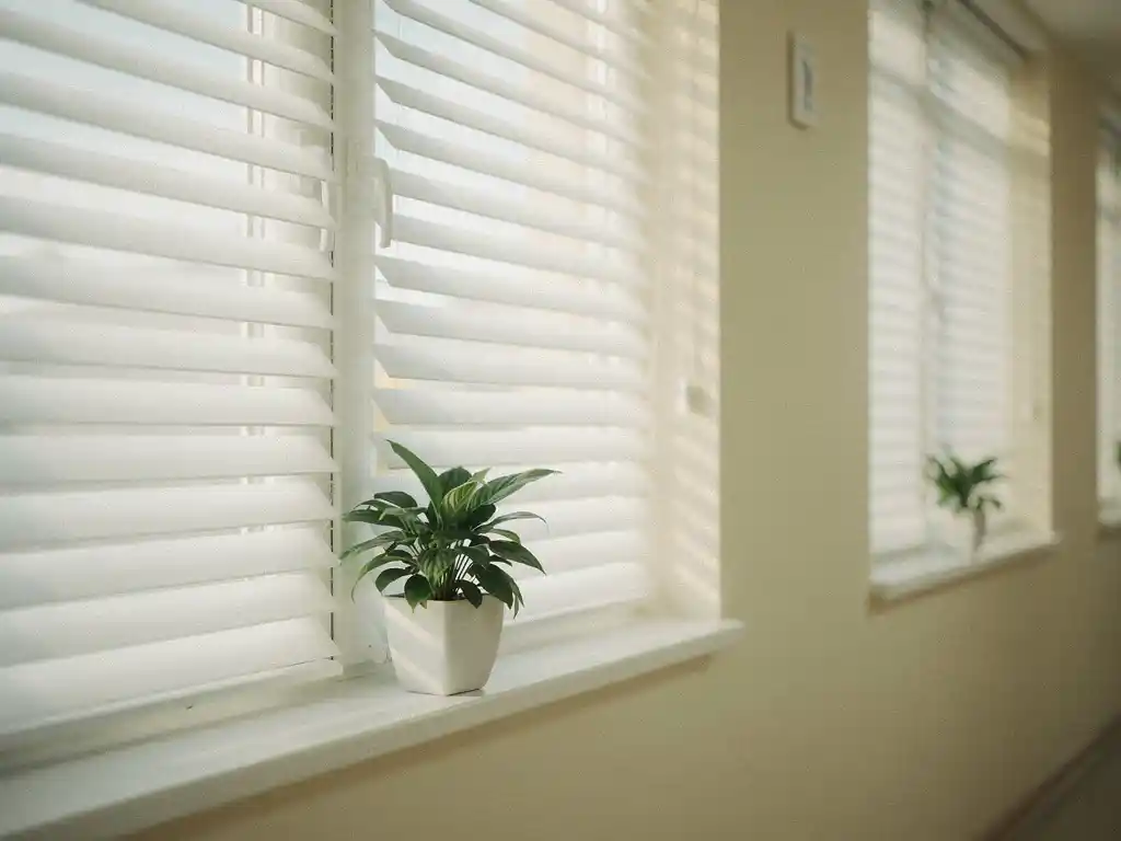 Witte horizontale jaloezieën filteren zacht daglicht in een rustige ziekenhuisgang met een groene plant op de vensterbank.