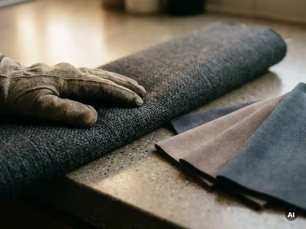 Handgeschoende hand die vlam­vertragende houtskoolkleurige bekledings­stof betast, met taupe en leisteen stalen op beton.
