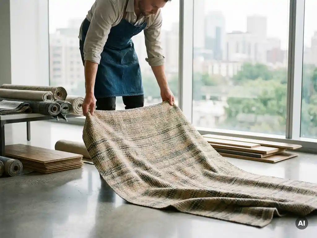 Meubelstoffeerder rolt premium bekledings­stof uit op betonvloer in modern kantoor met vloer-tot-plafond ramen.