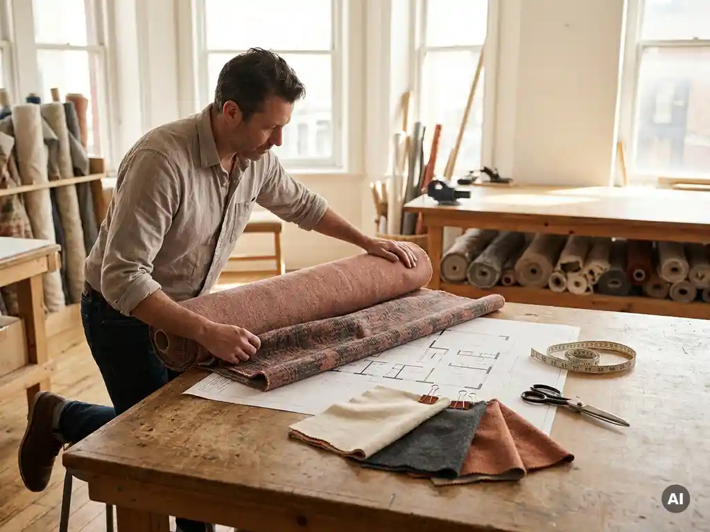 Meubelstoffeerder rolt premium stof uit over architectuurtekening op houten werktafel, met staalkaarten en meetlint in warm atelierlicht.