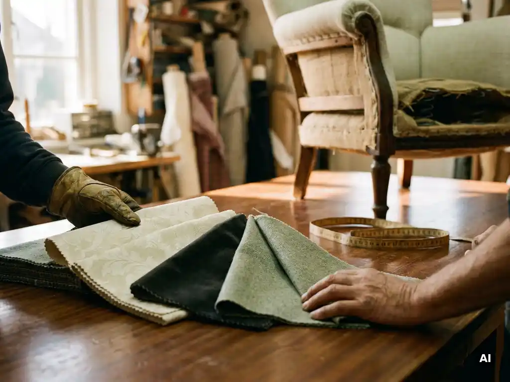 Meubelbekleder onderzoekt stofstalen op houten werktafel, met stoelframe en meetlint op de achtergrond in warm atelier.